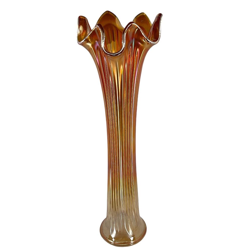 Marigold Fenton Swung Glass Vase Carnival Glass Amber Orange Ribbed Six Fingered